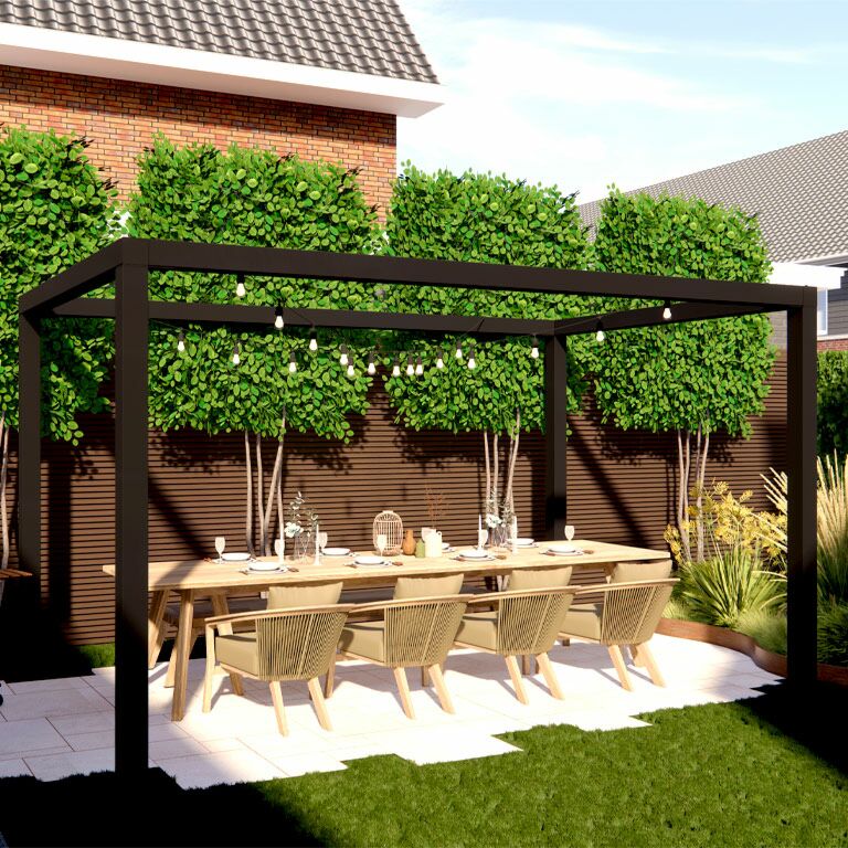 Pérgola cuadrada de acero con tratamiento electrostático 324 x 300 cm