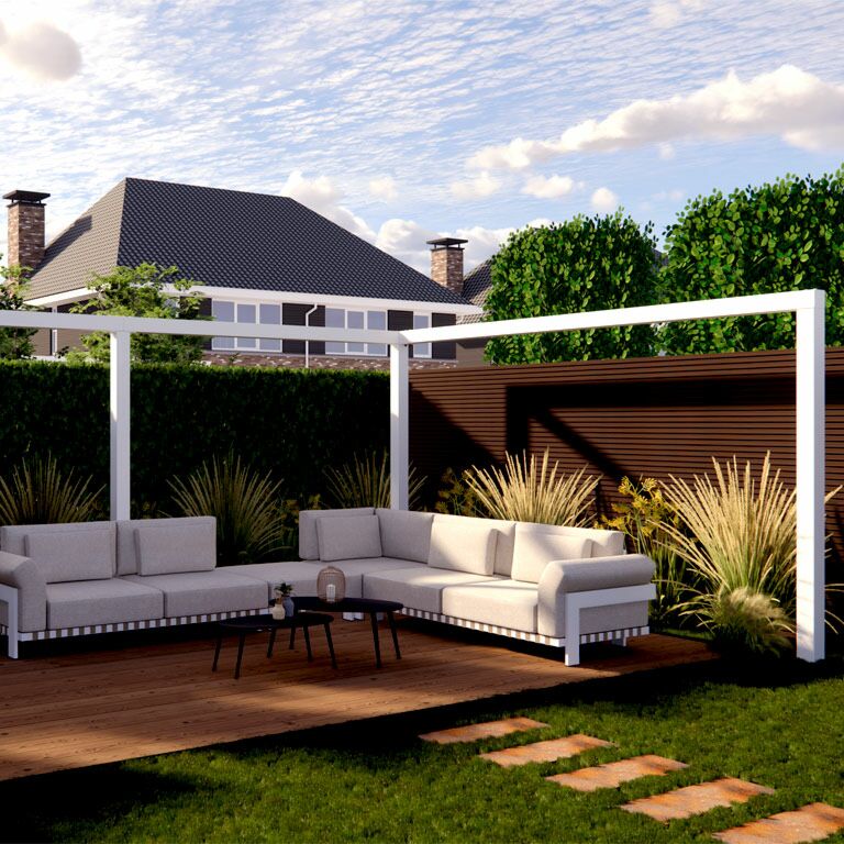 Pérgola de esquina de acero con tratamiento electrostático 600 x 412 cm