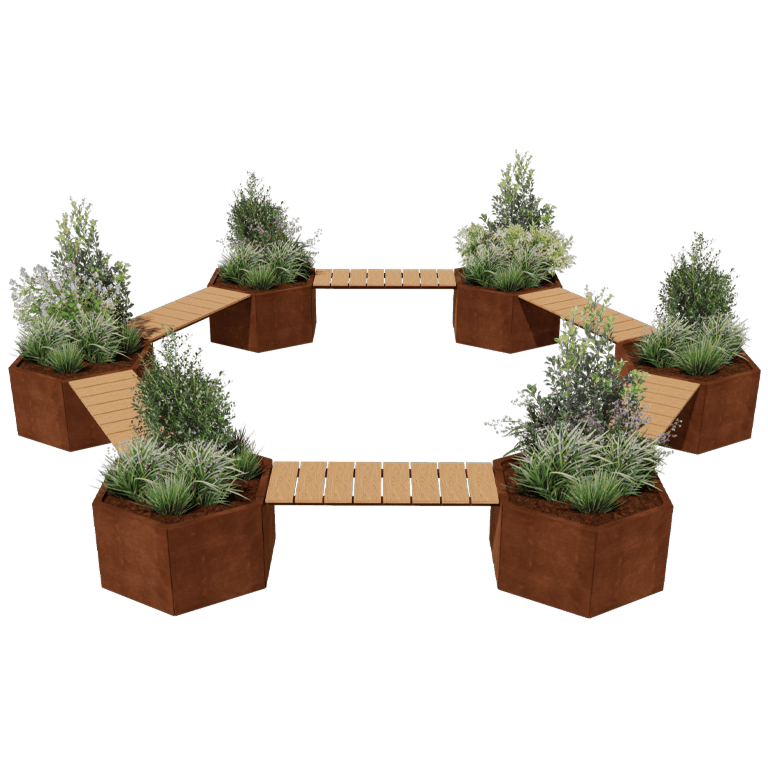 Jardinera de acero corten con asiento Vegas fogata diseño
