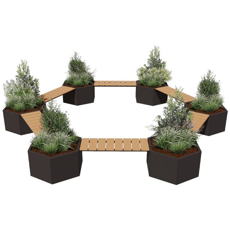 Jardinera de acero con tratamiento electrostático con asiento Vegas fogata diseño