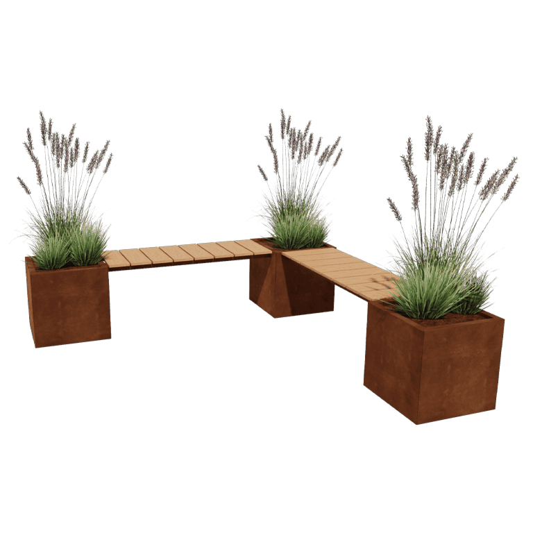 Jardinera de acero corten con asiento Vegas Miami esquina