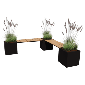 Jardinera de acero - Cuadrado - Configuración en esquina - 221,2 x 221,2 x 50 cm - RAL9005 mate (negro) - Sin placa inferior - Con banco
