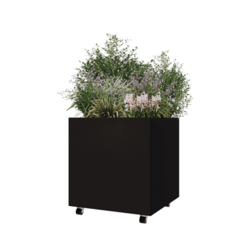 Jardinera de acero - Cuadrado - 70 x 70 x 70 cm - RAL9005 mate (negro) - Con placa inferior - Con ruedas
