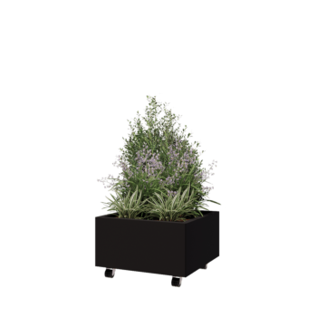 Jardinera de acero - Cuadrado - 60 x 60 x 30 cm - RAL9005 mate (negro) - Con placa inferior - Con ruedas