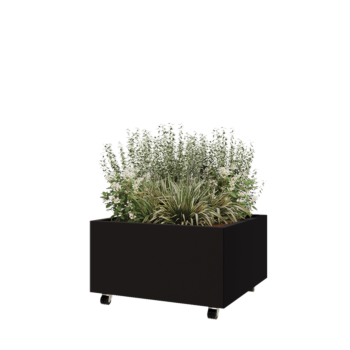 Jardinera de acero - Cuadrado - 80 x 80 x 40 cm - RAL9005 mate (negro) - Con placa inferior - Con ruedas