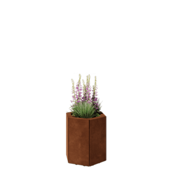 Jardinera de acero corten - Hexágono - 39,3 x 34,6 x 40 cm - Con placa inferior - Con patas