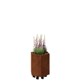 Jardinera de acero corten - Hexágono - 39,3 x 34,6 x 40 cm - Con placa inferior - Con ruedas