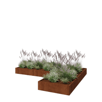 Jardinera de acero corten - Forma de L - 360 x 240 x 30 cm - Con placa inferior