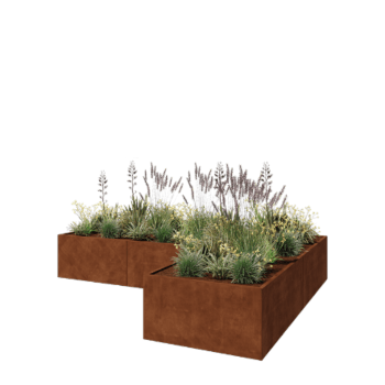 Jardinera de acero corten - Forma de L - 360 x 240 x 60 cm - Con placa inferior