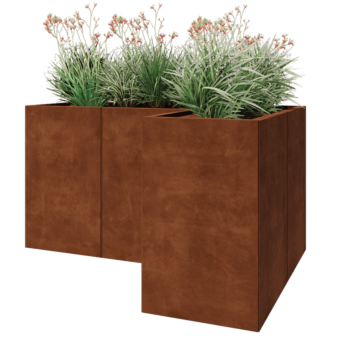 Jardinera de acero corten - Forma de L - 150 x 100 x 80 cm - Con placa inferior