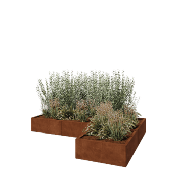 Jardinera de acero corten - Forma de L - 240 x 160 x 30 cm - Con placa inferior