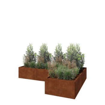 Jardinera de acero corten - Forma de L - 240 x 160 x 40 cm - Con placa inferior