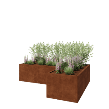 Jardinera de acero corten - Forma de L - 240 x 160 x 60 cm - Con placa inferior