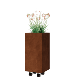 Jardinera de acero corten - Cuadrado - 30 x 30 x 60 cm - Con placa inferior - Con ruedas