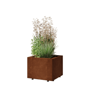 Jardinera de acero corten - Cuadrado - 40 x 40 x 30 cm - Con placa inferior - Con patas
