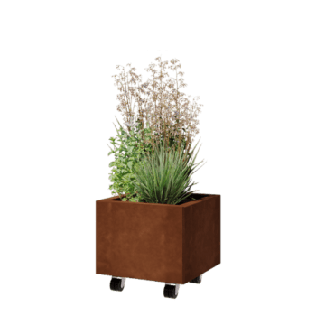 Jardinera de acero corten - Cuadrado - 40 x 40 x 30 cm - Con placa inferior - Con ruedas