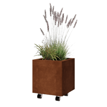 Jardinera de acero corten - Cuadrado - 40 x 40 x 40 cm - Con placa inferior - Con ruedas