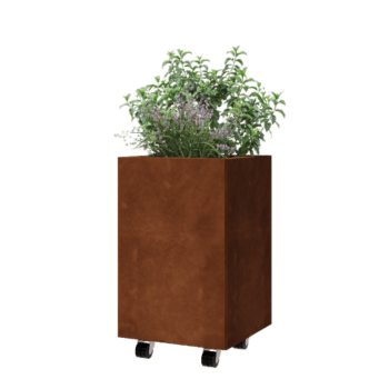 Jardinera de acero corten - Cuadrado - 40 x 40 x 60 cm - Con placa inferior - Con ruedas