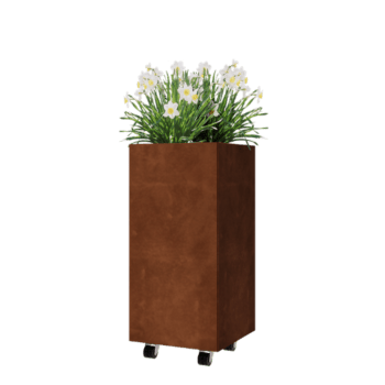 Jardinera de acero corten - Cuadrado - 40 x 40 x 80 cm - Con placa inferior - Con ruedas