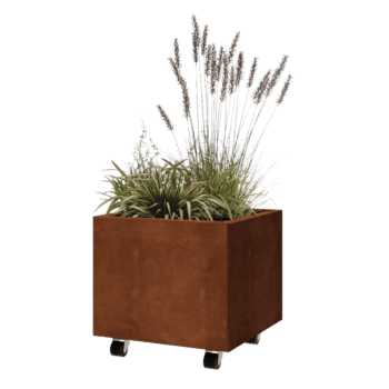 Jardinera de acero corten - Cuadrado - 50 x 50 x 40 cm - Con placa inferior - Con ruedas