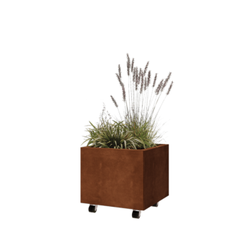 Jardinera de acero corten - Cuadrado - 50 x 50 x 40 cm - Con placa inferior - Con ruedas