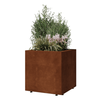 Jardinera de acero corten - Cuadrado - 50 x 50 x 50 cm - Con placa inferior - Con patas