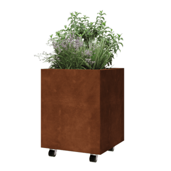 Jardinera de acero corten - Cuadrado - 50 x 50 x 60 cm - Con placa inferior - Con ruedas