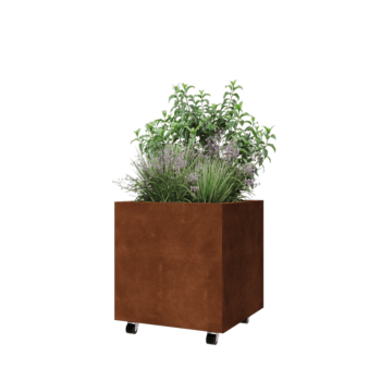 Jardinera de acero corten - Cuadrado - 60 x 60 x 60 cm - Con placa inferior - Con ruedas