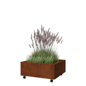 Jardinera de acero corten - Cuadrado - 80 x 80 x 30 cm - Con placa inferior - Con ruedas