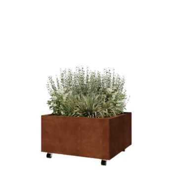 Jardinera de acero corten - Cuadrado - 80 x 80 x 40 cm - Con placa inferior - Con ruedas