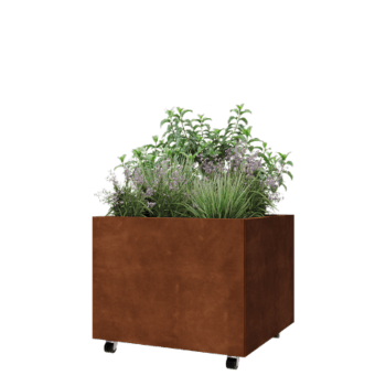 Jardinera de acero corten - Cuadrado - 80 x 80 x 60 cm - Con placa inferior - Con ruedas
