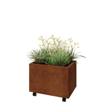Jardinera de acero corten - Rectángulo - 60 x 40 x 40 cm - Con placa inferior - Con ruedas