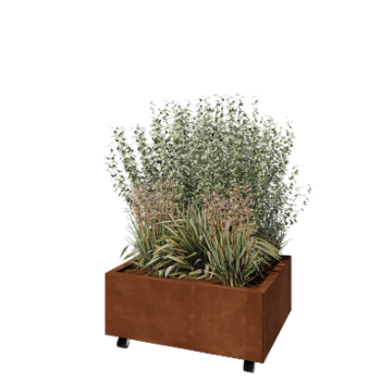 Jardinera de acero corten - Rectángulo - 80 x 60 x 30 cm - Con placa inferior - Con ruedas
