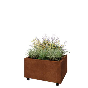 Jardinera de acero corten - Rectángulo - 80 x 60 x 40 cm - Con placa inferior - Con ruedas