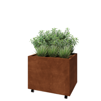 Jardinera de acero corten - Rectángulo - 80 x 60 x 60 cm - Con placa inferior - Con ruedas