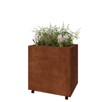 Jardinera de acero corten - Rectángulo - 80 x 60 x 80 cm - Con placa inferior - Con ruedas