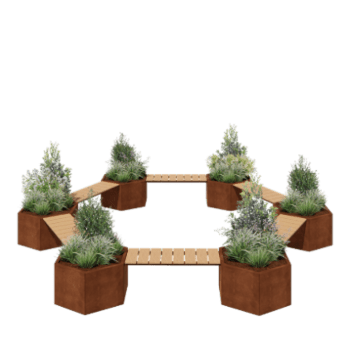 Jardinera de acero corten con asiento Vegas fogata diseño