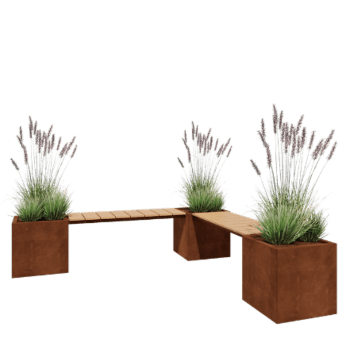 Jardinera de acero corten - Cuadrado - Configuración en esquina - 221,2 x 221,2 x 50 cm - Con banco - Con placa inferior Jardinera de acero corten - Cuadrado - Configuración en esquina - 221,2 x 221,2 x 50 cm - Con banco - Con placa inferior