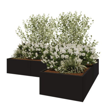 Jardinera de acero - Forma de L - 300 x 200 x 50 cm - RAL9005 mate (negro) - Con placa inferior