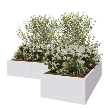 Jardinera de acero - Forma de L - 300 x 200 x 50 cm - RAL9010 mate (blanco) - Con placa inferior