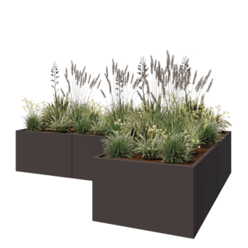 Jardinera de acero - Forma de L - 300 x 200 x 60 cm - Otro color RAL - Con placa inferior