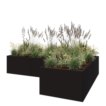 Jardinera de acero - Forma de L - 300 x 200 x 60 cm - RAL9005 mate (negro) - Con placa inferior