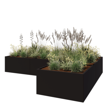 Jardinera de acero - Forma de L - 360 x 240 x 60 cm - RAL9005 mate (negro) - Con placa inferior