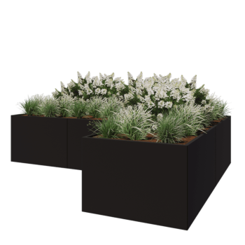 Jardinera de acero - Forma de L - 360 x 240 x 80 cm - RAL9005 mate (negro) - Sin placa inferior