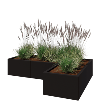 Jardinera de acero - Forma de L - 150 x 100 x 30 cm - RAL9005 mate (negro) - Con placa inferior