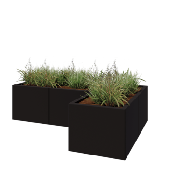Jardinera de acero - Forma de L - 150 x 100 x 40 cm - RAL9005 mate (negro) - Con placa inferior