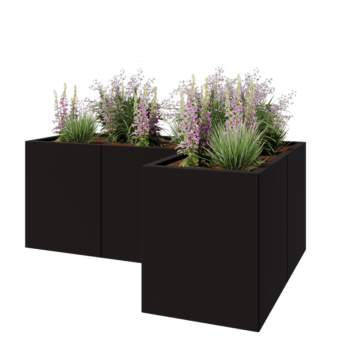 Jardinera de acero - Forma de L - 150 x 100 x 60 cm - RAL9005 mate (negro) - Con placa inferior