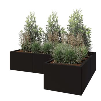 Jardinera de acero - Forma de L - 180 x 120 x 40 cm - RAL9005 mate (negro) - Con placa inferior