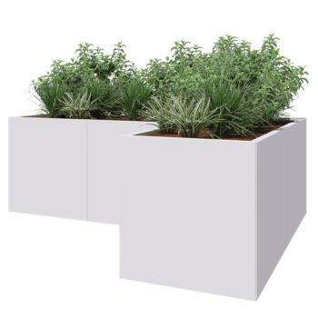Jardinera de acero - Forma de L - 210 x 140 x 70 cm - RAL9010 mate (blanco) - Con placa inferior