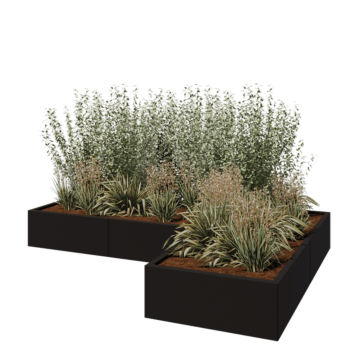 Jardinera de acero - Forma de L - 240 x 160 x 30 cm - RAL9005 mate (negro) - Sin placa inferior